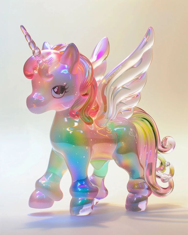 a glass figurine of a rainbow colored pony with wings on its hind legs