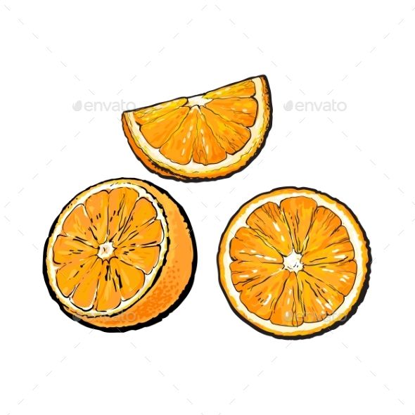 three oranges cut in half on a white background - food and drink conceptual illustrations