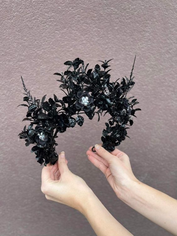 Black Flower Headpiece, Black Bridal Headpiece, Black Bridal Crown, Black Flowers In Hair, Black Floral Crown, Corpse Bride Flower Crown, Black Tiara Wedding, Black Feather Crown, Halloween Wedding Hair