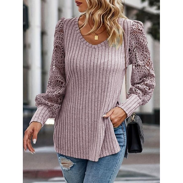 Season:Fall,Winter,Spring; Fabric:Textured,Ribbed; Sleeve Length:Long Sleeve; Gender:Women's; Style:Stylish,Elegant; Elasticity:Micro-elastic; Tops Type:Blouse; Occasion:Daily; Top Length:Regular Tops; Pattern:Solid Color,Plain; Design:Eyelet; Neckline:Crew Neck; Sleeve Type:Puff Sleeve; Front page:FF; Listing Date:07/15/2024; Bust:null; Length:null; Sleeve:null; Fit US Size:null; Fit UK Size:null; Fit EU Size:null Winter Stretch Tops With Lantern Sleeves, Knit Tops With Lantern Sleeves For Winter, Knit Puff Sleeve Top For Winter, Stretch Lantern Sleeve Winter Tops, Winter Knit Tops With Lantern Sleeves, Winter Knit Top With Lantern Sleeves, Winter Pointelle Knit Sweater With Puff Sleeves, Winter Puff Sleeve Pointelle Knit Sweater, Blouse With Puff Sleeves