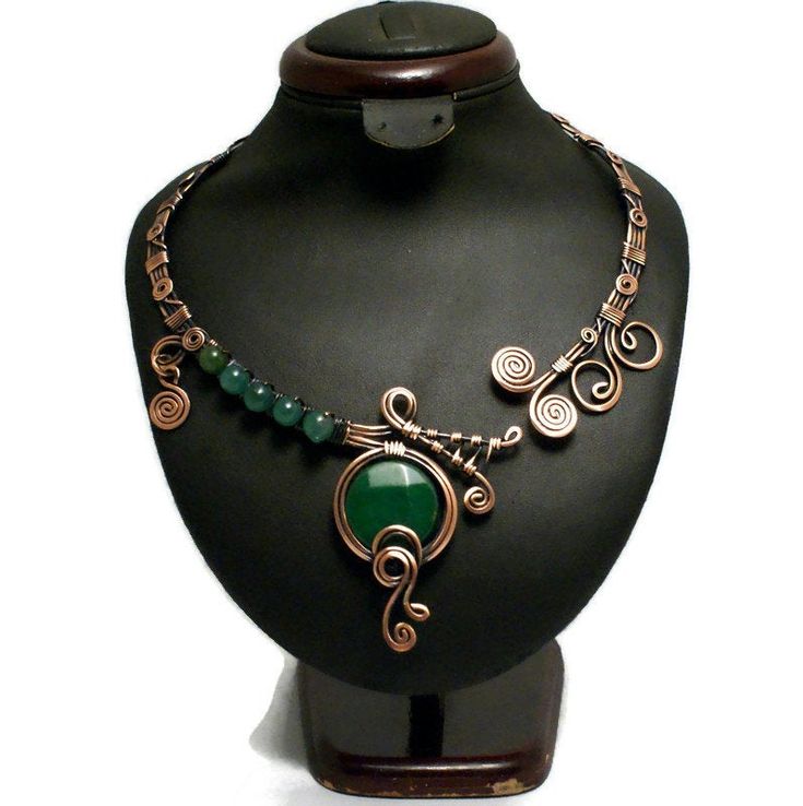 "Statement Necklace, Emerald Necklace, Open necklace, Copper Necklace For Women, Green Stone Necklace, Copper Jewelry, Choker Necklace Looking for glorious copper necklace? This green emerald necklace is perfect. Highly recommended if you want to receive \"wow\" as compliment! This statement necklace is a stunning piece to combine with any fashion look. If you want to feel really unique in any occasion, this is your necklace! You can wear it for evening or casual outfit look. This is beautiful e Unique Handmade Emerald Necklaces, Unique Handmade Emerald Necklace, Green Copper Round Jewelry, Green Bohemian Copper Wire Necklace, Artisan Green Copper Necklace, Green Pendant Necklace With Copper Wire, Green Copper Wire Pendant Necklaces, Green Wire Wrapped Copper Wire Necklaces, Green Copper Wire Pendant Necklace