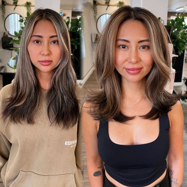 Flat Hair Transformation using Rounded Layers Balayage, Modern Rachel Haircut, Rachel Haircut, Long Sleek Hair, Rachel Hair, Face Framing Hair, Flat Hair, Mom Hairstyles, Round Face Haircuts