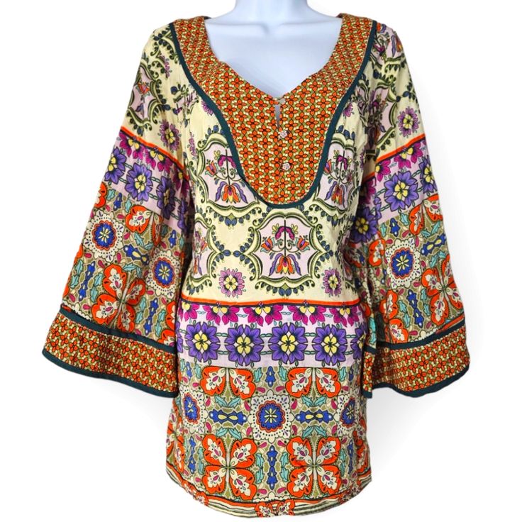 Nwot Anthropologie Trinity Peasant Tunic Shirt 100% Silk Womens Large Purple Pink Orange Green White & Blue Indian Boho Multicolor V-neck Peasant Top For Fall, Multicolor Floral Print V-neck Peasant Top, Multicolor V-neck Tunic For Fall, Summer Long Sleeve Blouse With Vibrant Print, Multicolor Printed Spring Tunic, Printed Multicolor Spring Tunic, Multicolor Printed Tunic For Spring, Vibrant Long Sleeve Vacation Blouse, Vibrant Long Sleeve Blouse For Vacation