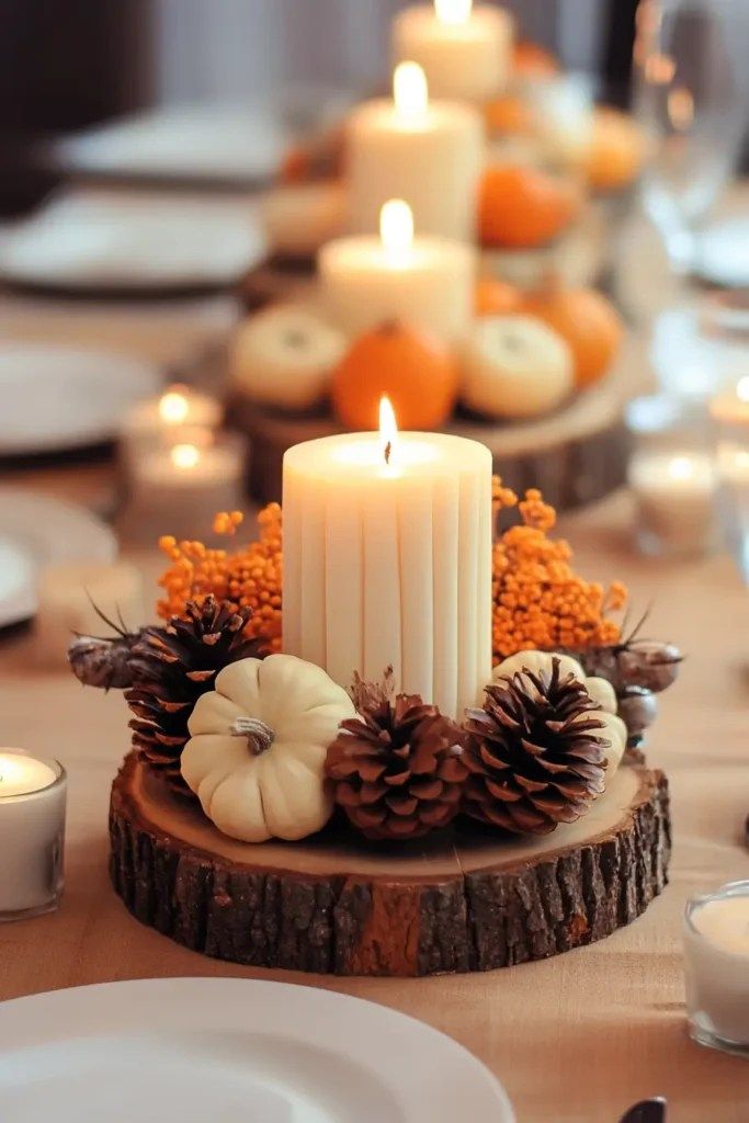 a table set with candles, pine cones and pumpkins for thanksgiving or fall dinner