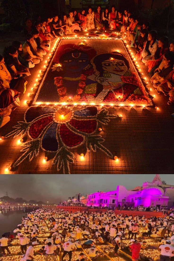 people sitting on the ground with lights around them and in front of a large mat