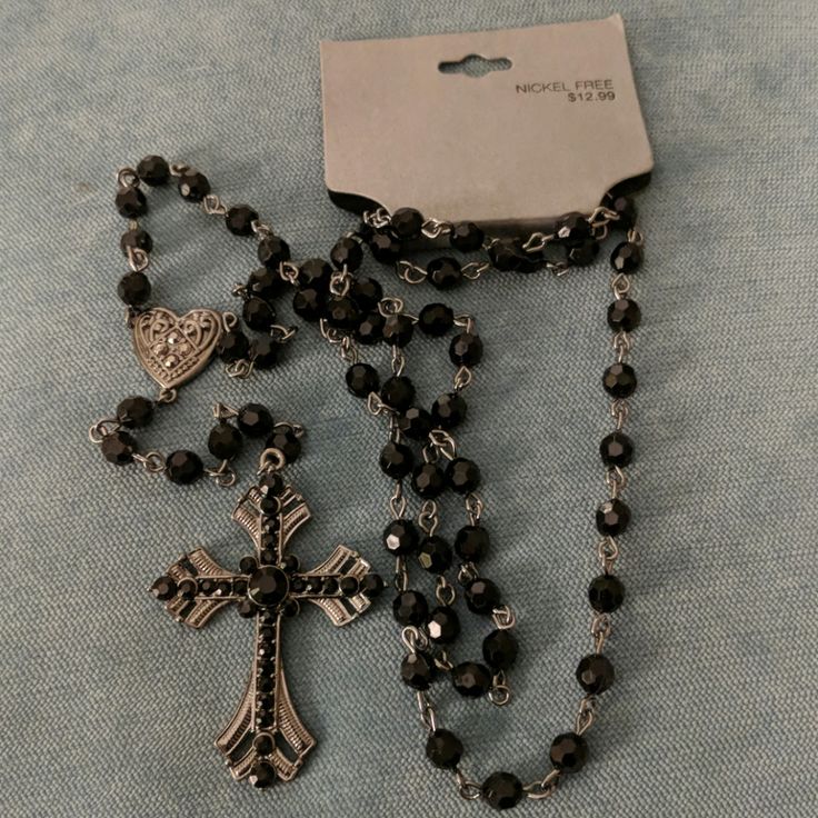 This Is A Lovely Silvertone And Glittering Black Bead Rosary That Was Sold By Target As A Necklace. I'm Going To Restrain Myself From Giving My Speech About Sacramentals And Using A Rosary As A Necklace (And The Theologian And Catholic). A Friend Gave These To Me And They Could Be Used As A Necklace As Target Intended (See The Tag) Or As A Beautiful Rosary To Pray With. A Friend Pass These On To Me And I Would Like To Sell Them In Support Of Our Ministries. Emo Cross Necklace, Grunge Rosary Necklace, Sirius Black Jewelry, Cross Necklace Goth, Black Metal Beaded Necklace With Silver Beads, Black Beaded Necklace With Silver Beads, Trad Goth Jewelry, Trad Goth Accessories, Gothic Beaded Jewelry