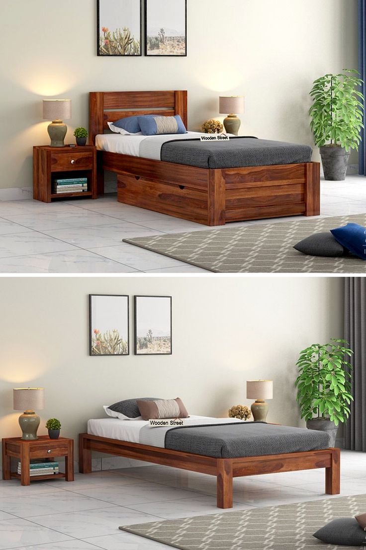 two pictures of a bed with wooden headboard and foot board in the same room