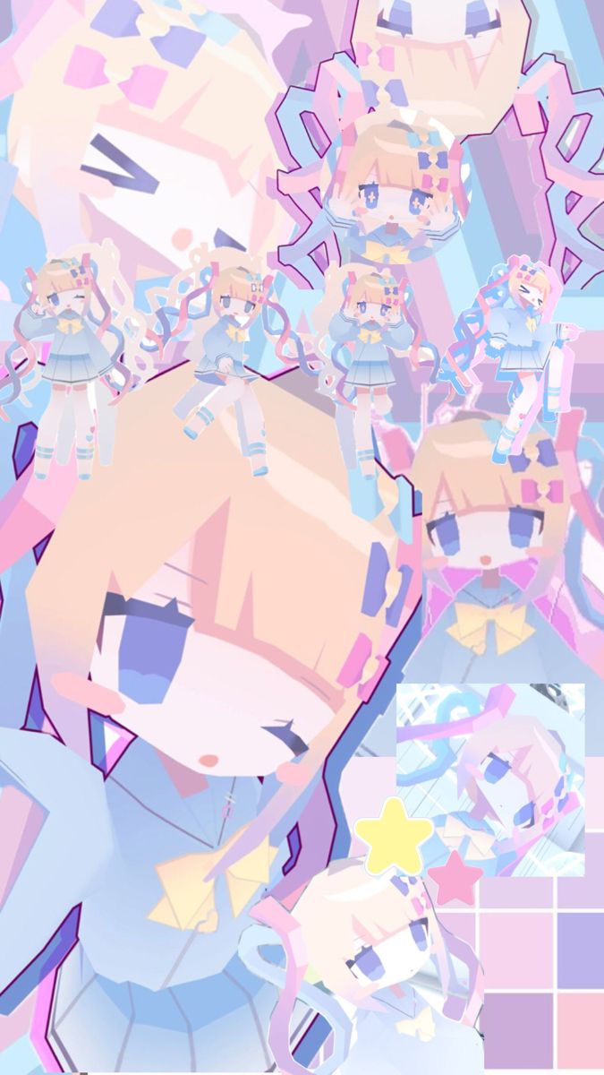 an anime character with many different colored shapes and colors on her face, standing in front of