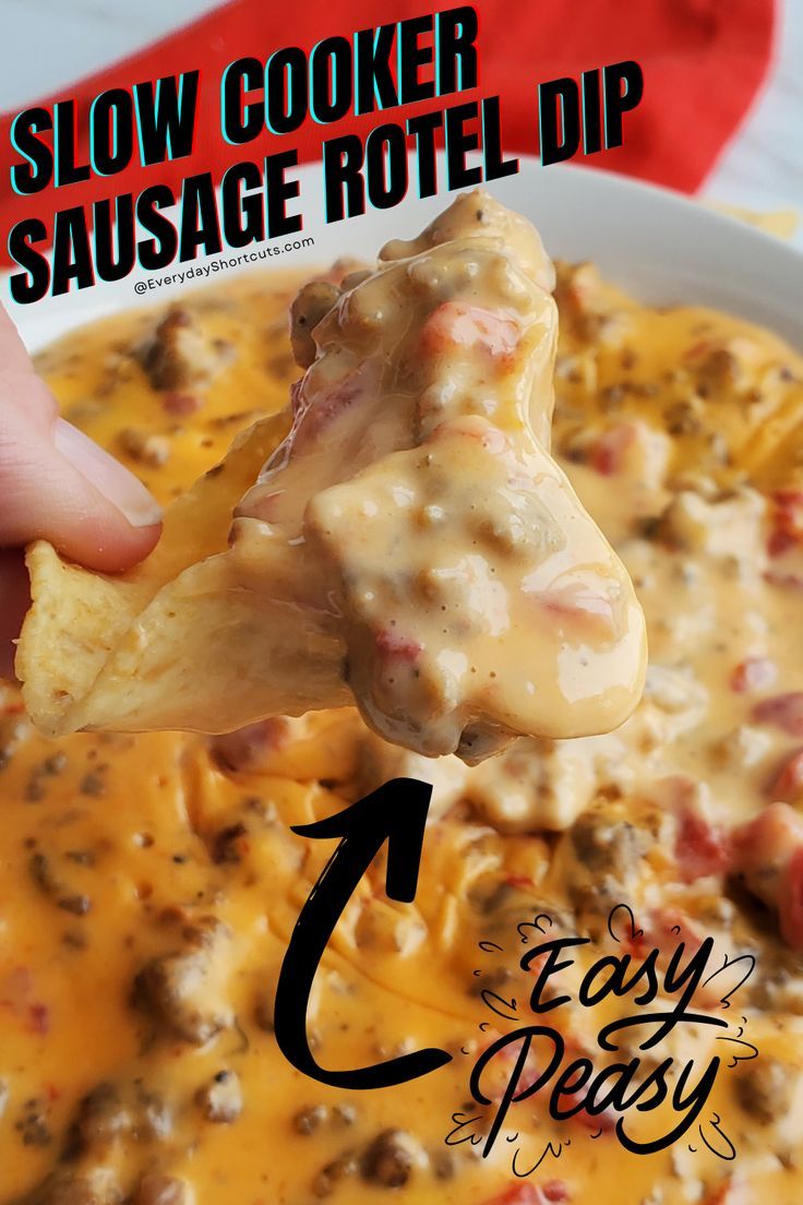 Slow cooker sausage rotel dip on a chip. Rotel Sausage Dip Crockpot, Sausage Rotel Dip Crock Pots, Rotel Dip Crockpot, Sausage Rotel Dip, Rotel Dip With Sausage, Cheesy Sausage Dip, Sausage Dip Recipe, Sausage Slow Cooker, Dip Recipes Crockpot