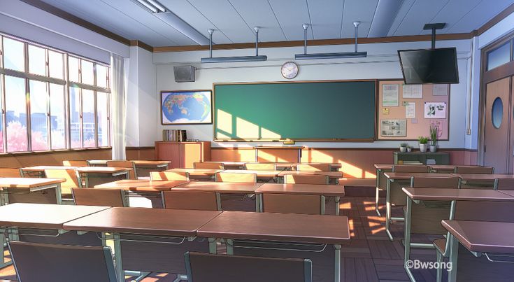 an empty classroom with desks and green chalkboard on the wall, in front of large windows