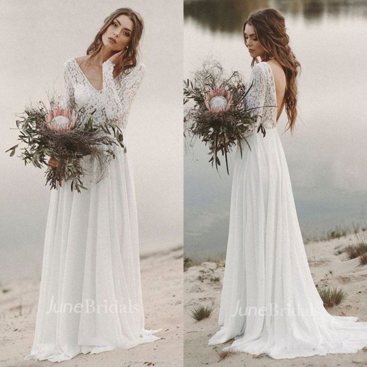 two photos of a woman in a white wedding dress holding flowers and looking at the camera