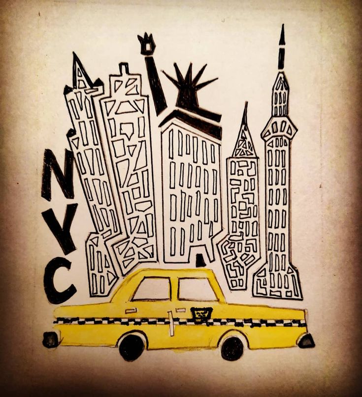 a drawing of a taxi cab in new york city with the words nyc written on it