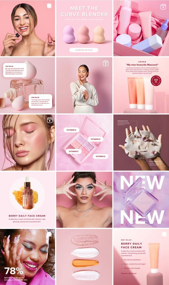 a collage of different images with pink and white colors, including an image of a woman's face