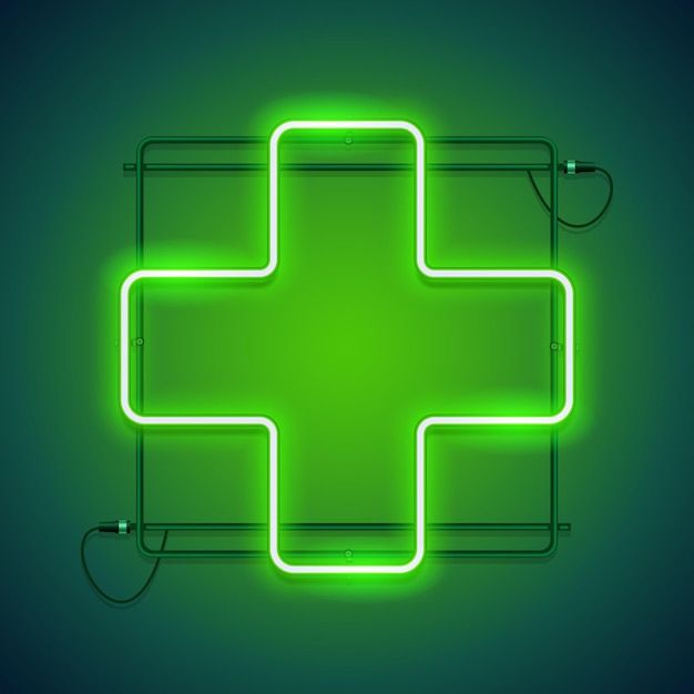 a neon green medical cross sign on a dark blue background with wires and plugs