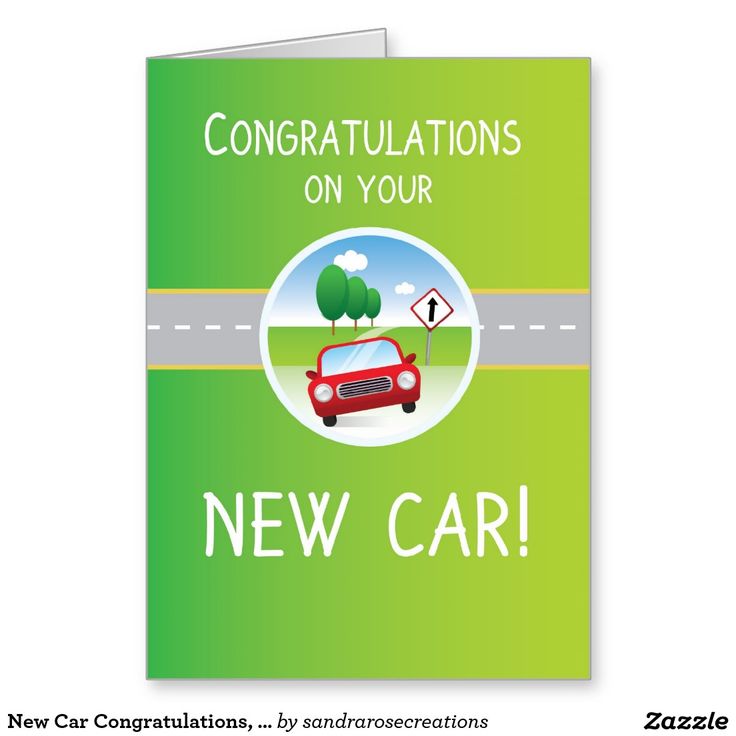 congratulations on your new car card with red car driving down the road and trees in the background