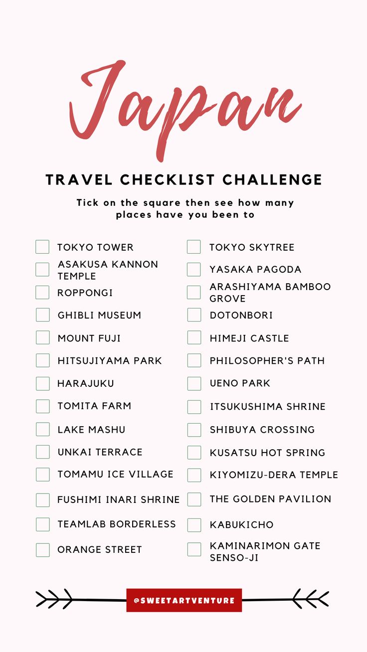 the japan travel checklist is shown in red and white with an arrow on it