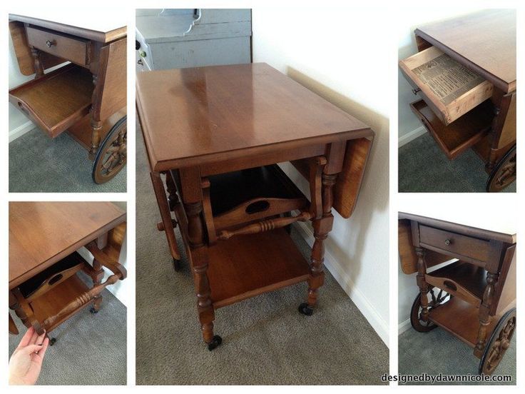 several pictures of an old wooden table with wheels on the bottom, and one showing how to use it