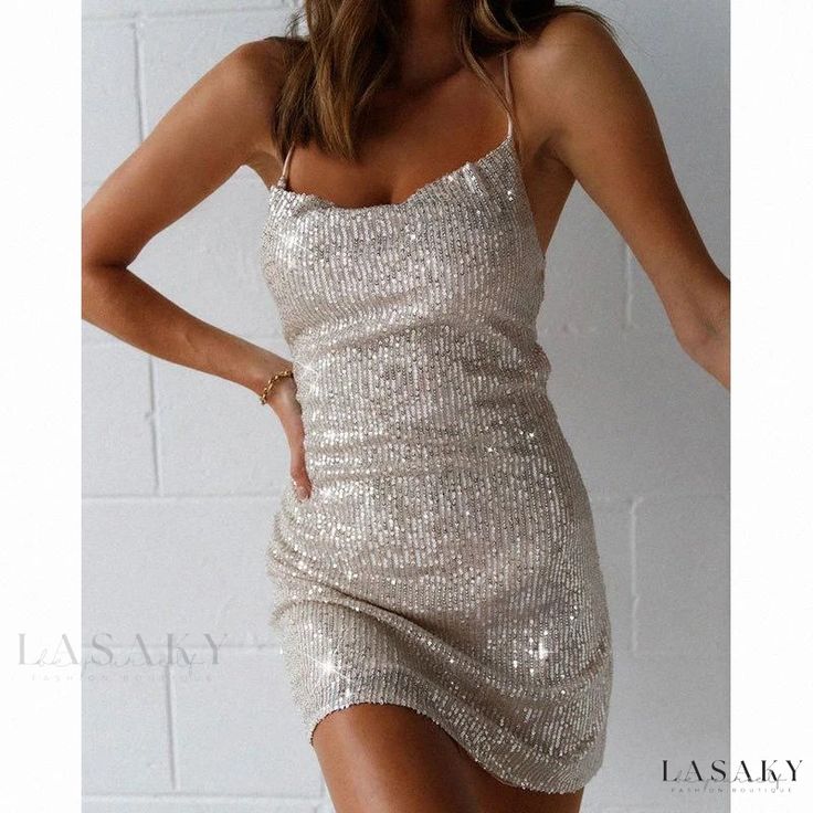 Lasaky - Glamorous Party Dress with Glittering Back Accent Sparkling Sleeveless Evening Mini Dress, Sleeveless Sparkling Mini Dress For Evening, Sparkling Sleeveless Mini Dress For Evening, Gold Sequined Mini Dress For Evening Wear, Gold Sequin Mini Dress For Evening, Gold Mini Dress With Contrast Sequin For Party, Gold Party Mini Dress With Contrast Sequin, Elegant Sequined Backless Dress For Night Out, Elegant Backless Sequin Dress For Night Out