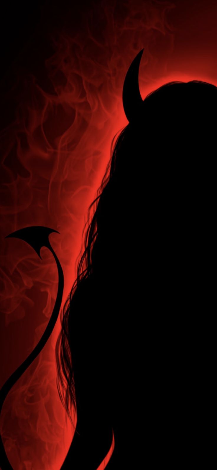 the silhouette of a woman's head against a red and black background with flames