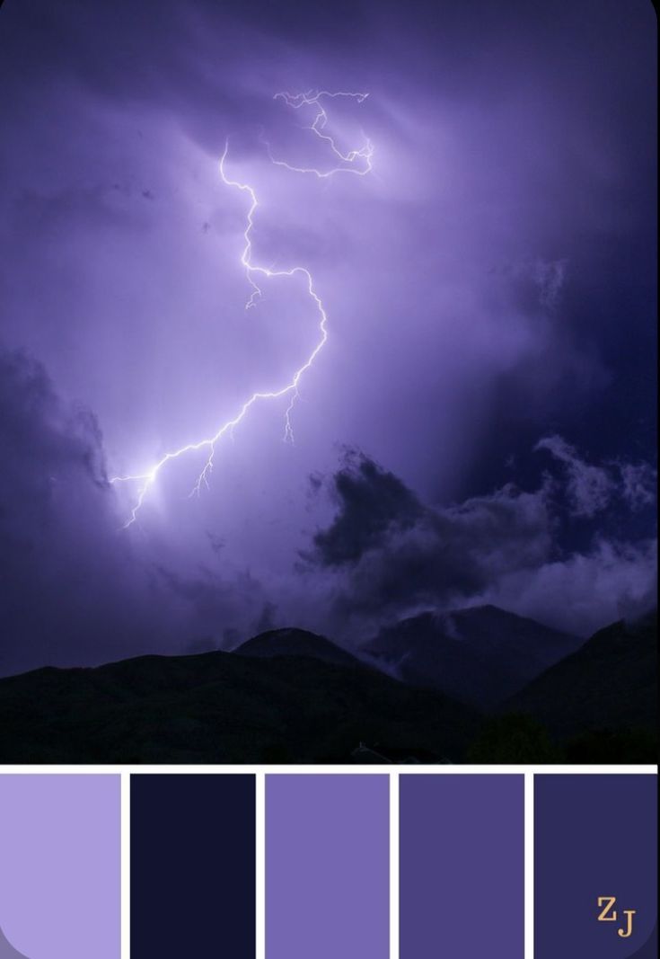 a purple and black color palette with lightning in the sky over mountains, below which is a dark cloud