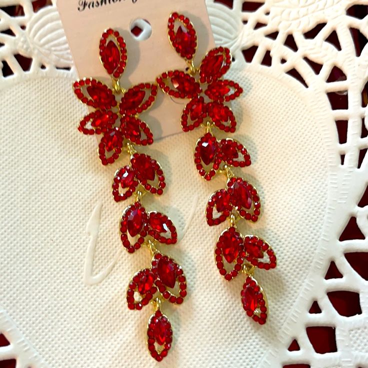 Long Red Earrings Pageant Earrings Evening Earrings Elegant Red Crystal Earrings, Red Crystal Drop Earrings For Pierced Ears, Red Ruby Dangle Earrings, Red Crystal Drop Earrings For Gifts, Red Crystal Dangle Earrings For Party, Red Drop Earrings For Party, Red Ruby Party Earrings, Red Crystal Earrings For Valentine's Day Party, Red Crystal Earrings For Pierced Ears As A Gift