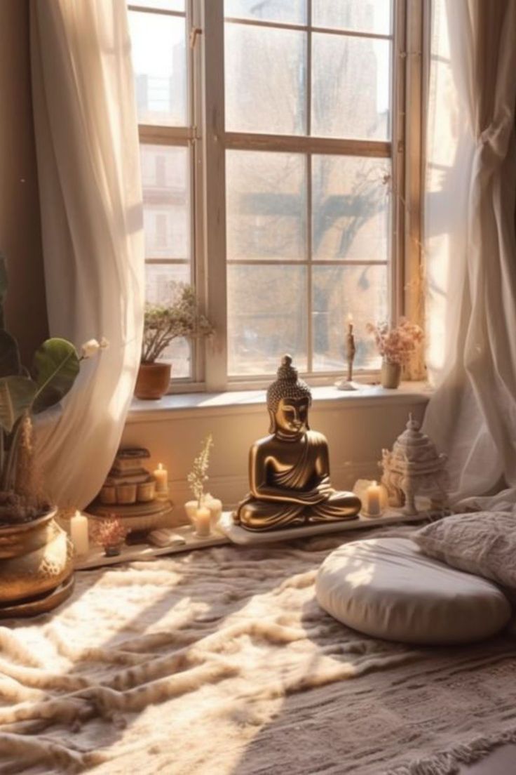 a buddha statue sitting on top of a bed next to a window