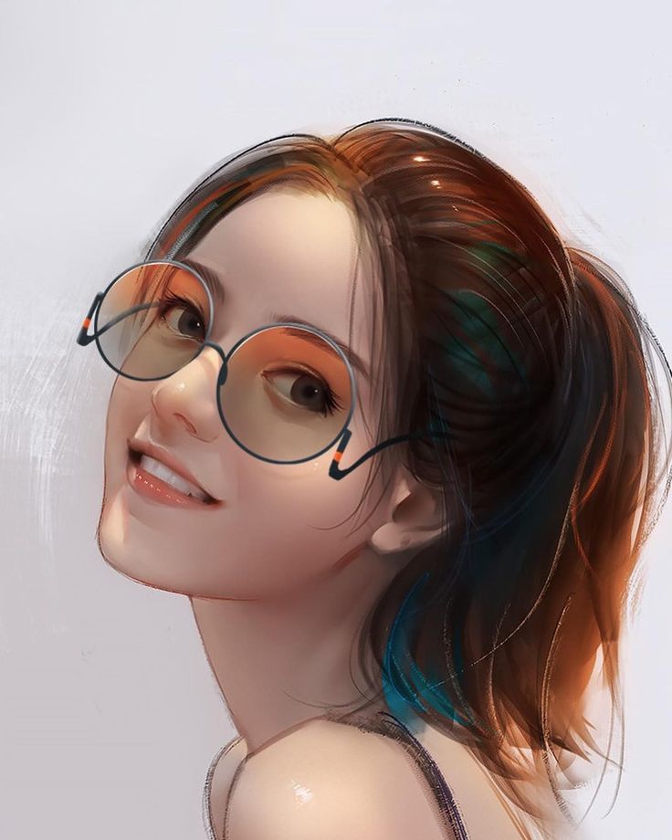 a digital painting of a woman with glasses on her head and hair in the wind