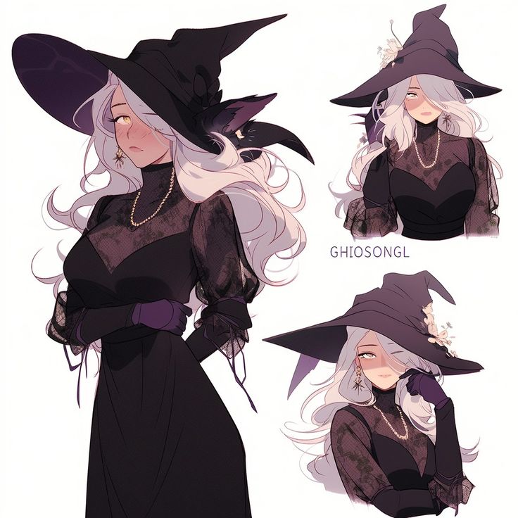 three different views of a woman in witches costume with long white hair and black hat