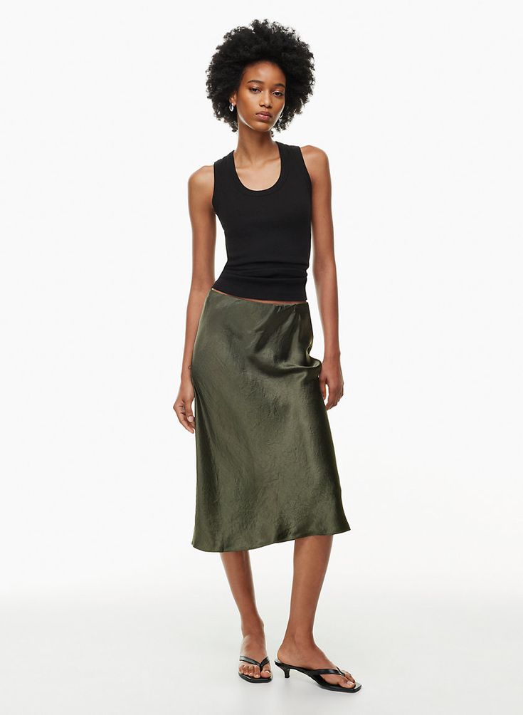 Midi Skirt Lulus, Olive Green Slip Skirt, Satin Midi Skirt Dress, Midi Silk Skirt Green, Babaton Silk Skirt, Midi Skirt Minimal, Knit And Slip Skirt, Satin Midi Skirt Shoes, Satin Midi Skirt Ankle Boots