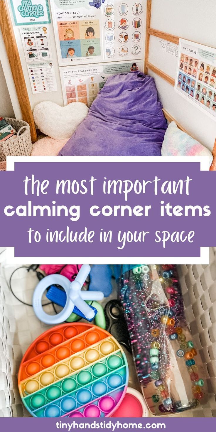 Image of calming corner pillow, posters, and sensory toys. The text over the image says, "the most important calming corner items to include in your space". Quiet Corner Home Kids, Emotional Regulation Activities For Kids, Kids Calming Corner, Calming Corner Posters, Toy Library, Room Kindergarten, Calm Room, Calming Room, Kids Bedroom Ideas