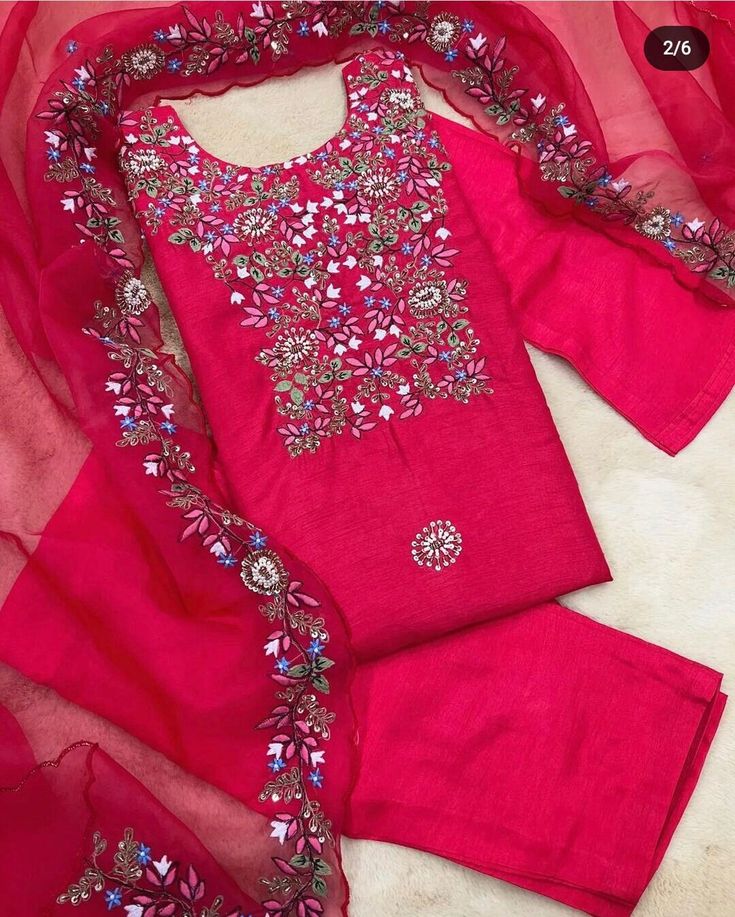 Pure silk top with heavy hand embroidery work  Organza cut dupatta and premium quality pant Designer Red Organza Dupatta, Red Organza Dupatta For Transitional Season, Red Organza Dupatta With Floral Embroidery, Red Unstitched Organza Dupatta, Semi-stitched Embroidered Raw Silk Dupatta, Hand Embroidery Work, Printed Sarees, Embroidery Work, Silk Top