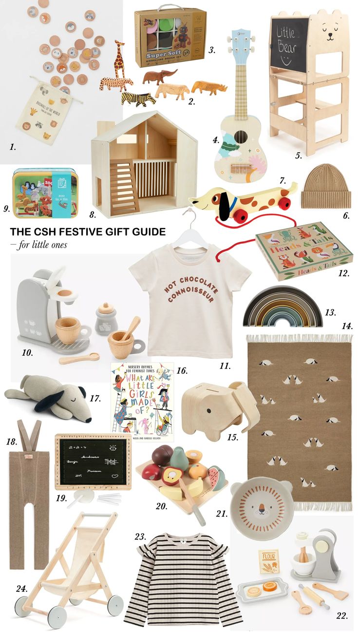 a bunch of toys that are sitting on top of a white table with the words, the cash - festive gift guide for little ones