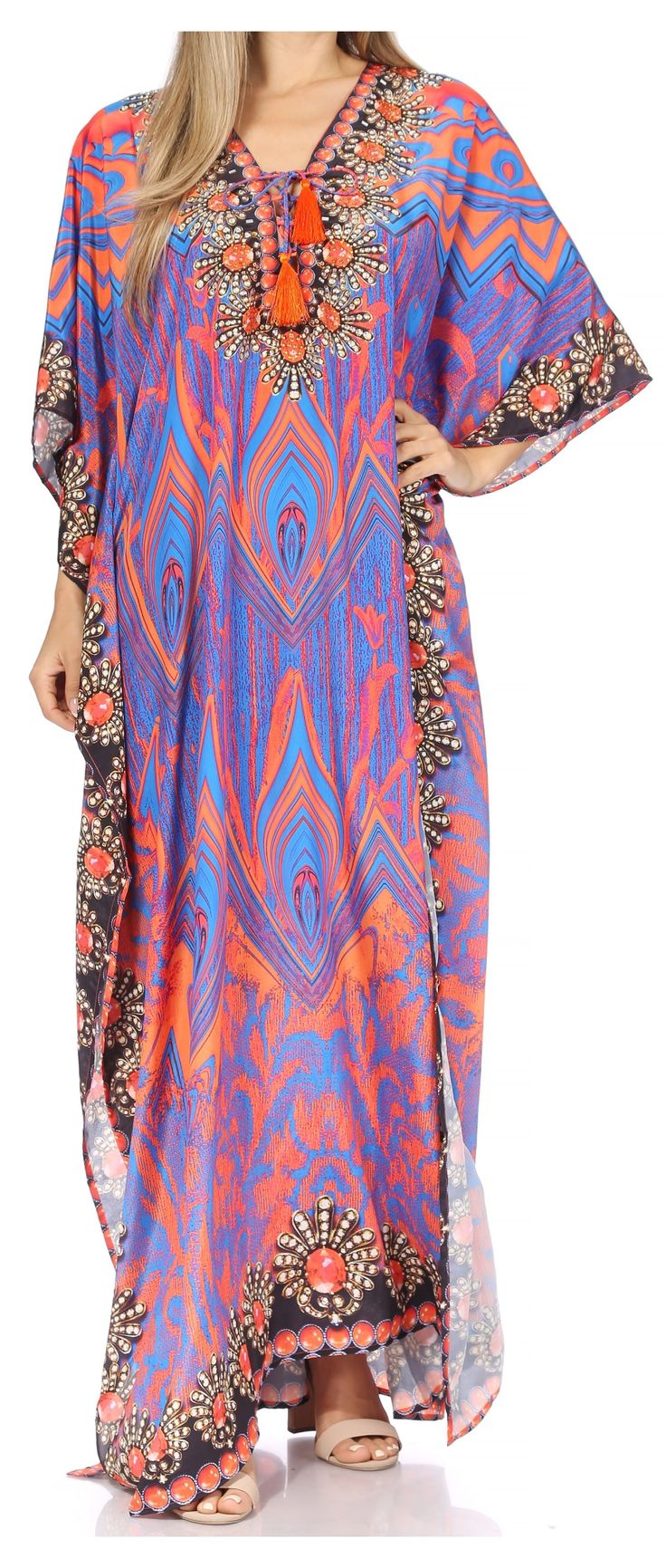 Sakkas  Georgettina Flowy  Rhinestone V Neck Long Caftan Dress / Cover Up#color_Purple Orange Ladies Caftan, Long Caftan Dress, Kaftan Tops, Caftan Dress, Swimwear Dress, Dress Cover, Cover Up, V Neck