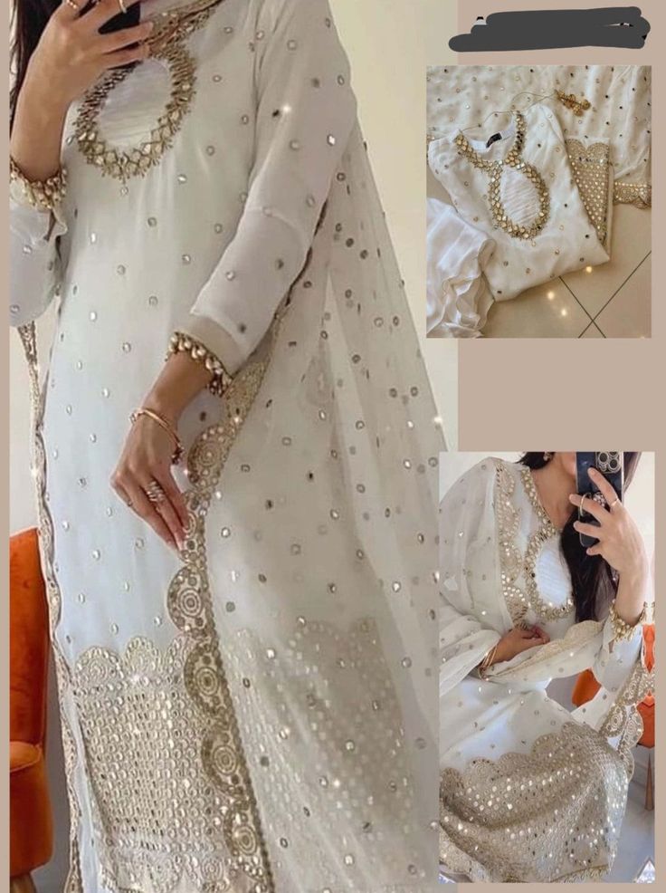 *White9MM*  Suit Details:-  ▪️Fully Heavy Embroidery SemiR Pure Chiffon Front & Back  with 9'mm Sequence Work  ▪️Heavy Embroidered Neck with 9'mm sequence work and stitching Mirror Work  ▪️Heavy Embroidery Front & Back Border  with cut work and Complete 9mm Sequence work  ▪️Fully Heavy Embroidery Sleeves with 9mm Sequence Work and a stitching mirror work  ▪️Heavy Embroidered Selvees Cuff with 9mm sequence work  ▪️Heavy Embroidery Semi Pure Chiffon  Dupatta With 04 Side Heavy Embroidery Borders C White Dupatta With Mirror Work, White Mirror Work Suit, Wedding Sharara With Dabka Work For Eid, White Dabka Work Dupatta For Wedding, White Dabka Work Wedding Dupatta, White Wedding Dupatta With Dabka Work, Semi-stitched White Chinon Dress, White Semi-stitched Chinon Dress, White Designer Wear Semi-stitched Suit