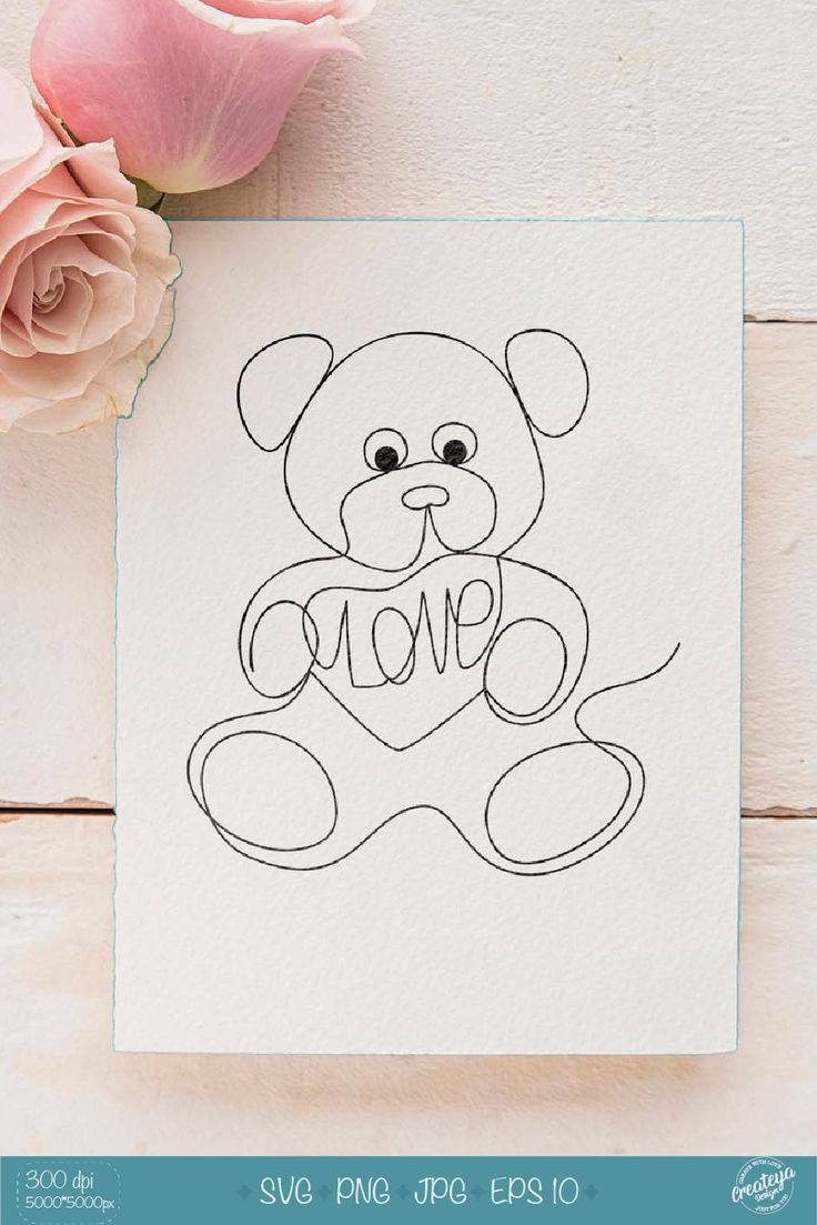 a drawing of a teddy bear with the word love on it next to a pink rose