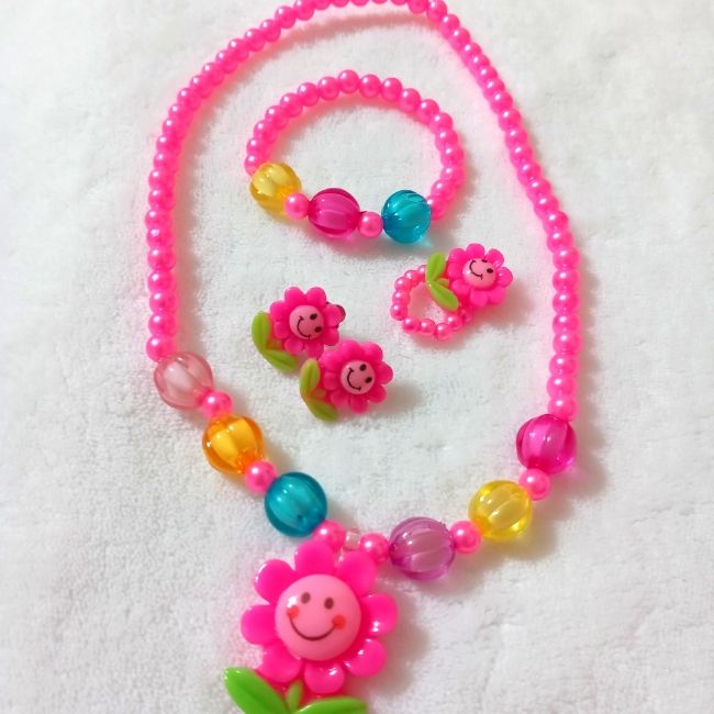 Little Girls Jewelry Set Necklace, Earrings,Ring, Bracelet Pink Plastic Jewelry For Birthday, Playful Plastic Jewelry For Birthday, Pink Plastic Birthday Jewelry, Fun Pink Flower Jewelry, Fun Pink Flower-shaped Jewelry, Flower Shaped Plastic Jewelry As Gift, Flower-shaped Plastic Jewelry As Gift, Plastic Flower-shaped Jewelry For Gifts, Flower-shaped Plastic Jewelry Gift