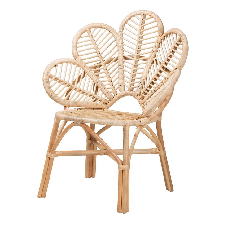 a chair made out of rattan and wicker with an intricate design on the back