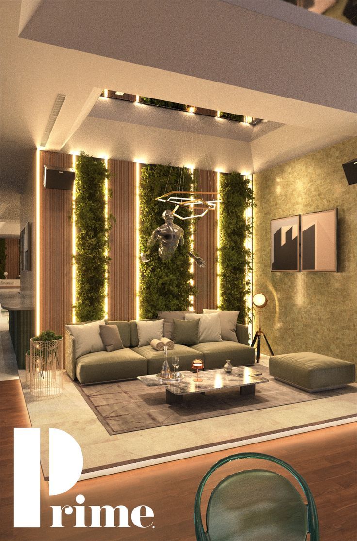 a living room filled with lots of furniture and greenery on the wall behind it