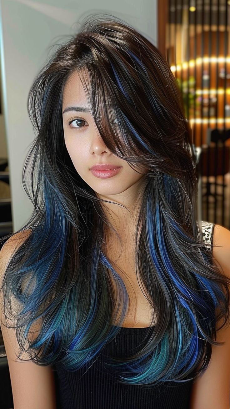 24 Glamorous Blue Black Hair Ideas Dark Blue Shades, Blue Hair Highlights, Blue Black Hair, Blue Ombre Hair, Dark Blue Hair, Hair Color Underneath, Hair Color Unique, Black Hair With Highlights, Dyed Hair Inspiration