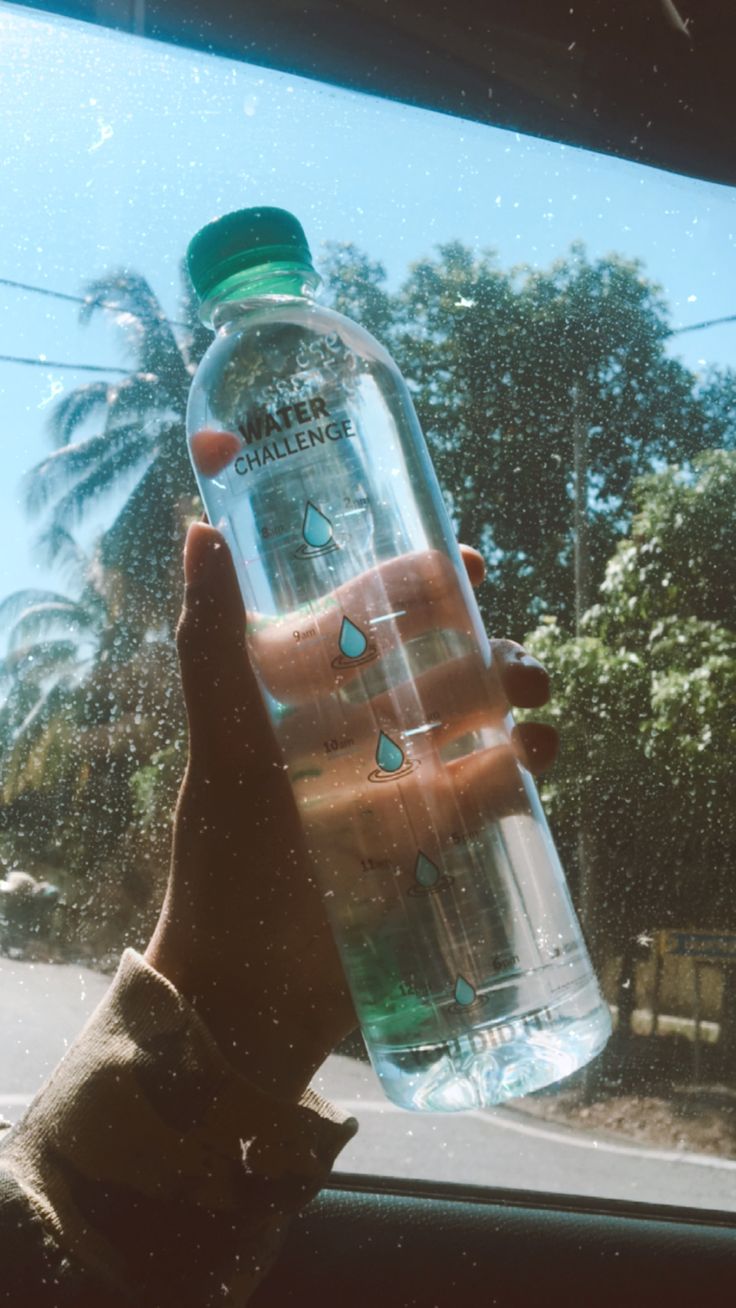 a hand holding a water bottle in front of a window with palm trees behind it