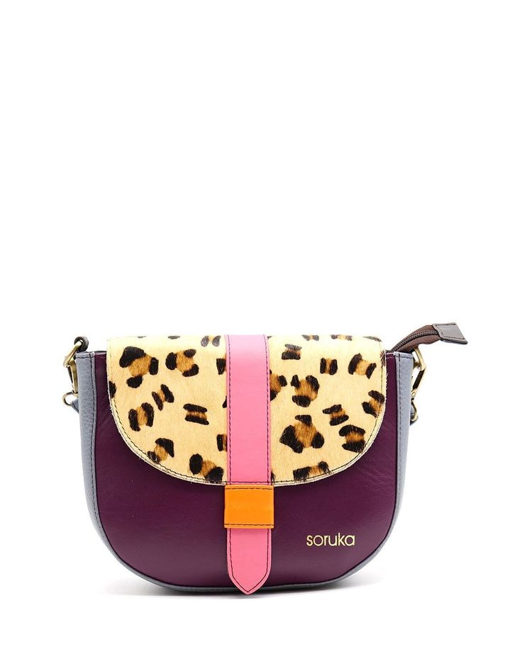 Beautiful 100% Recycled Leather Crossbody Shoulder Bag. Eco-friendly Handmade Bag in Shades of Purple and with Animal print flap. This colorful medium saddle-shaped bag is unique and will definitely make a statement when you wear it. Perfect size to fit all your everyday items. This crossbody purse has a main compartment with an inside zipper pocket. It fastens with a zipper and a leather slide closure for extra security. The purse comes with an adjustable-extending leather shoulder/cross-body s Multicolor Crossbody Flap Bag For Travel, Multicolor Flap Bag With Removable Pouch For Travel, Multicolor Flap Shoulder Bag With Adjustable Strap, Multicolor Crossbody Flap Bag With Adjustable Strap, Multicolor Shoulder Flap Bag With Adjustable Strap, Multicolor Crossbody Flap Bag, Multicolor Leather Saddle Bag For Daily Use, Multicolor Leather Satchel With Detachable Strap, Multicolor Leather Crossbody Satchel