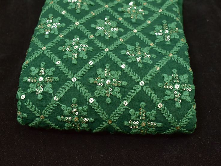 54'' Indian Green Georgette Sequined Embroidered Fabric by the Yard Wedding Dress Sequin Saree Crafting Sewing Costumes Chikankari fabric. ➤ Color : Forest Green, Gold Georgette Sequence Work Fabric ➤ Width : 54 inches ➤ Fabric: It is Georgette Sequin Fabric ➤ Code-bg2047 ➤ Listing for 1 Yard of fabric. Dye it in any color of your choice, beautifully designed Machine Chikankari Fabric with dense embroidery (chikankari), making it an elegant party-wear outfit. You can use this fabric to make dres Chikankari Fabric, Sewing Costumes, Sequin Saree, New Embroidery Designs, Yard Wedding, Handloom Fabric, Wedding Dress Sequin, Dupioni Silk, Dress Sequin