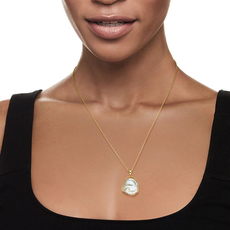 Ross-Simons - 20x18mm Cultured Keshi Pearl Pendant Necklace Over Sterling. 18". Uniquely elegant, this 20x18mm cultured baroque keshi pearl pendant necklace showcases organic beauty that stands out from the rest. Crafted in polished 18kt yellow gold over sterling silver and suspended from a cable chain with a 2" extender. Lobster clasp, white pearl pendant necklace. Pearl birthstones are the perfect gift for June birthdays. High Luster Akoya Pearl Pendant Necklace, Akoya Pearl Necklace With Yellow Gold Pearl Pendant, Classic 14k Gold-filled Jewelry With Pearl Pendant, 14k Gold-filled Pearl Pendant Necklace As Gift, White 14k Gold-filled Pearl Pendant Necklace, Pearl Birthstone, Keshi Pearls, Pearl Pendant Necklace, Organic Beauty