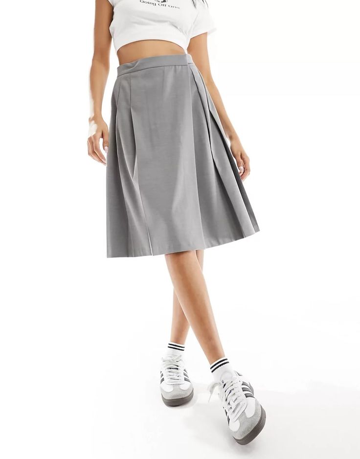 ASOS DESIGN tailored pleated midi skirt in gray | ASOS Gray High Waist Pleated Skirt For Spring, High Waist Gray Pleated Skirt, Gray High Waist Skirt For Work, Chic Gray Knee-length Bottoms, Gray Midi Skirt For Work, Gray High Waist Skirt For Spring, Gray Lined Midi Skirt, Gray Fitted Pleated Skirt For Summer, Fitted Gray Pleated Summer Skirt