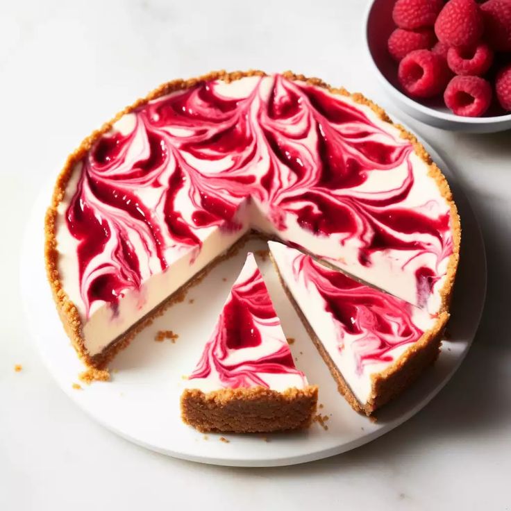 a cheesecake with raspberry sauce on it and a bowl of raspberries in the background