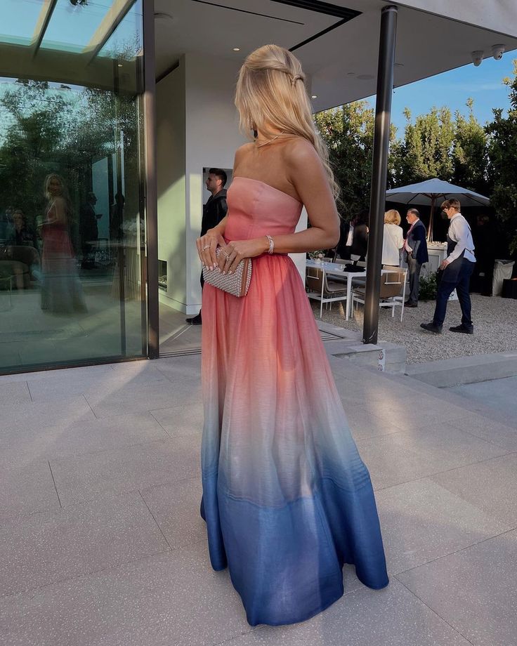 wedding guest dress, summer dress, style inspiration Summer Dress Style, Organza Material, Ombre Maxi Dress, Blue Organza, Straight Across Neckline, Ombre Dress, Blue Bra, Pink Ivory, Warm Weather Outfits