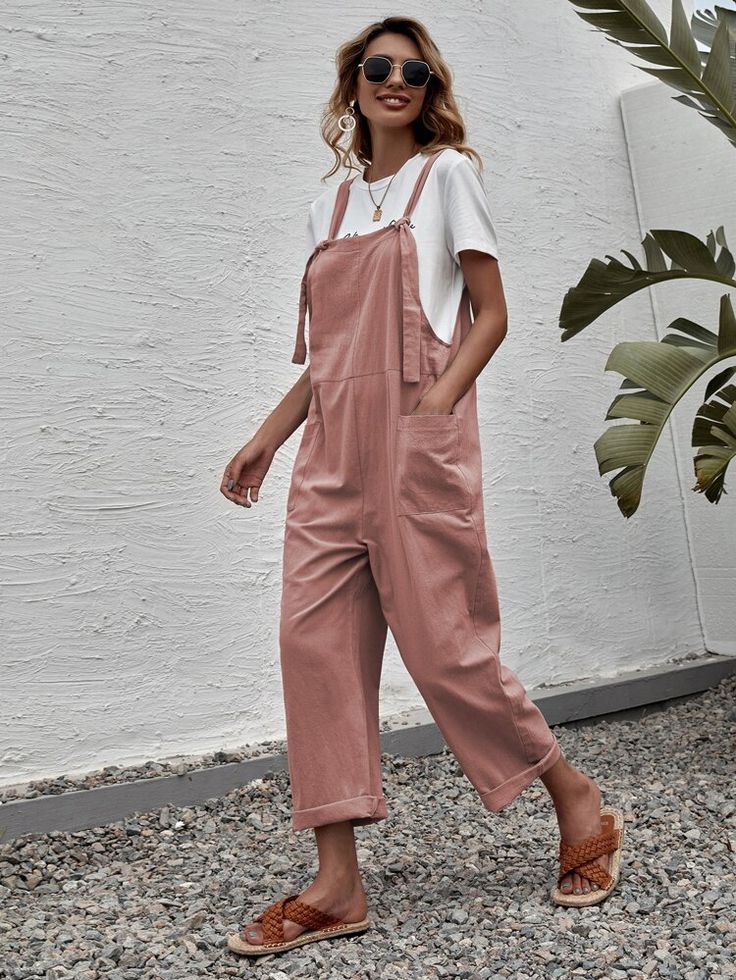 Free Returns ✓ Free Shipping On Orders $49+ ✓. Solid Dual Pocket Suspender Jumpsuit- Women Jumpsuits at SHEIN. Casual Chique Stijl, Linen Overalls, Style Casual Chic, Solid Color Jumpsuits, Beige Outfit, Linen Romper, Shein Outfits, Jumpsuit Outfit, Pink Jumpsuit