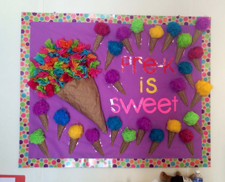 PreK is Sweet. Ice Cream or Sno Cone Bulletin Board idea good for any elementary school aged kids. Ice Cream Cone Bulletin Board Ideas, Cotton Candy Bulletin Board, Sweet Bulletin Board Ideas, Candy Land Bulletin Board Ideas, Ice Cream Truck Bulletin Board, Ice Cream Door Decorations Classroom, Ice Cream Bulletin Board Ideas, Candyland Bulletin Board Ideas, Pre K Bulletin Board Ideas