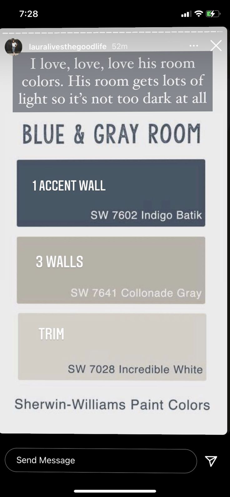 the blue and gray room is displayed in this screenshoto screen shot from an iphone