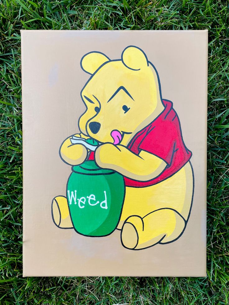 a painting of winnie the pooh holding a jar